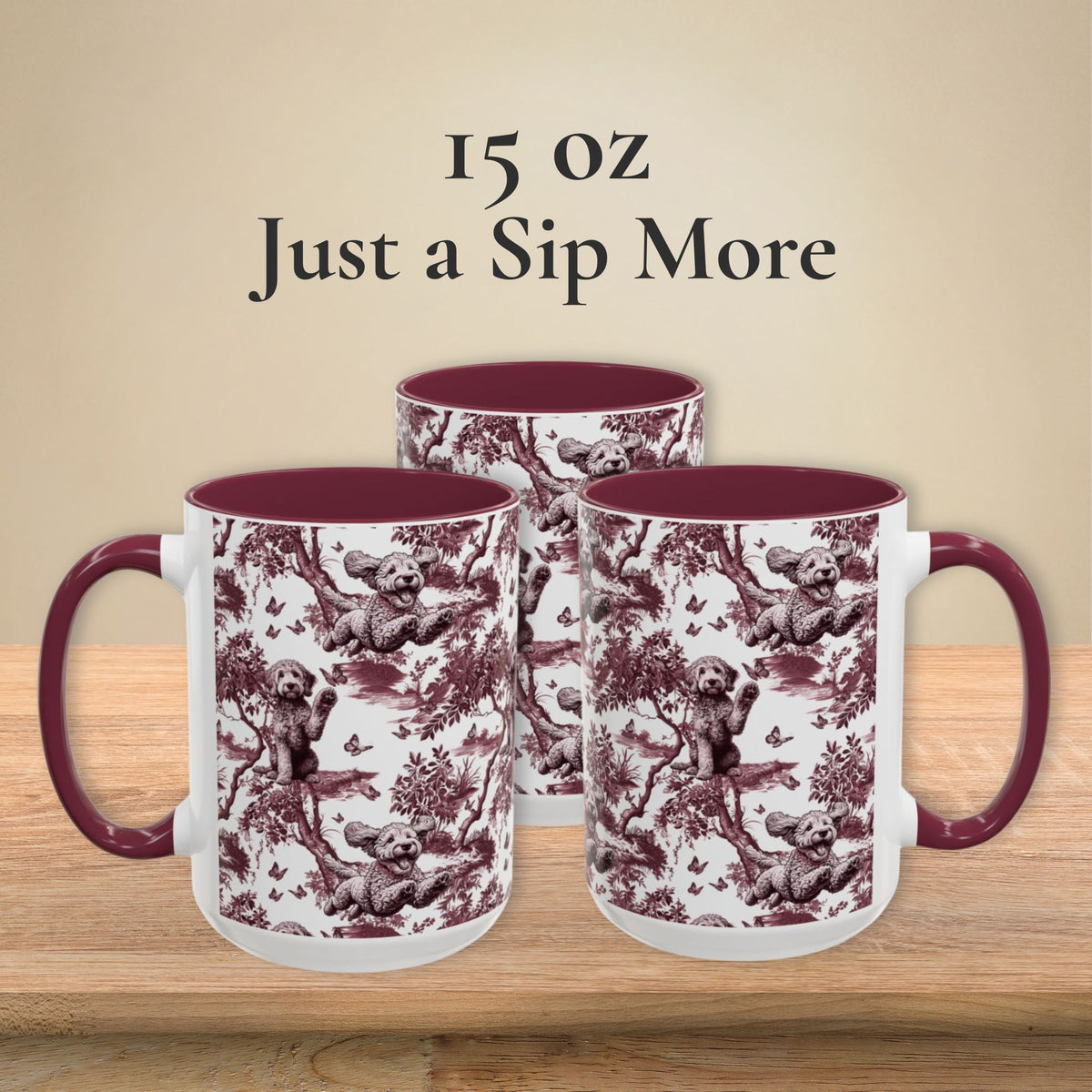 Goldendoodle petite cranberry toile 15 oz ceramic mug, left, front and right views