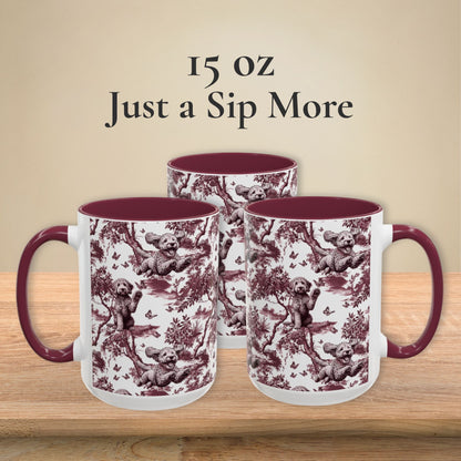 Goldendoodle petite cranberry toile 15 oz ceramic mug, left, front and right views