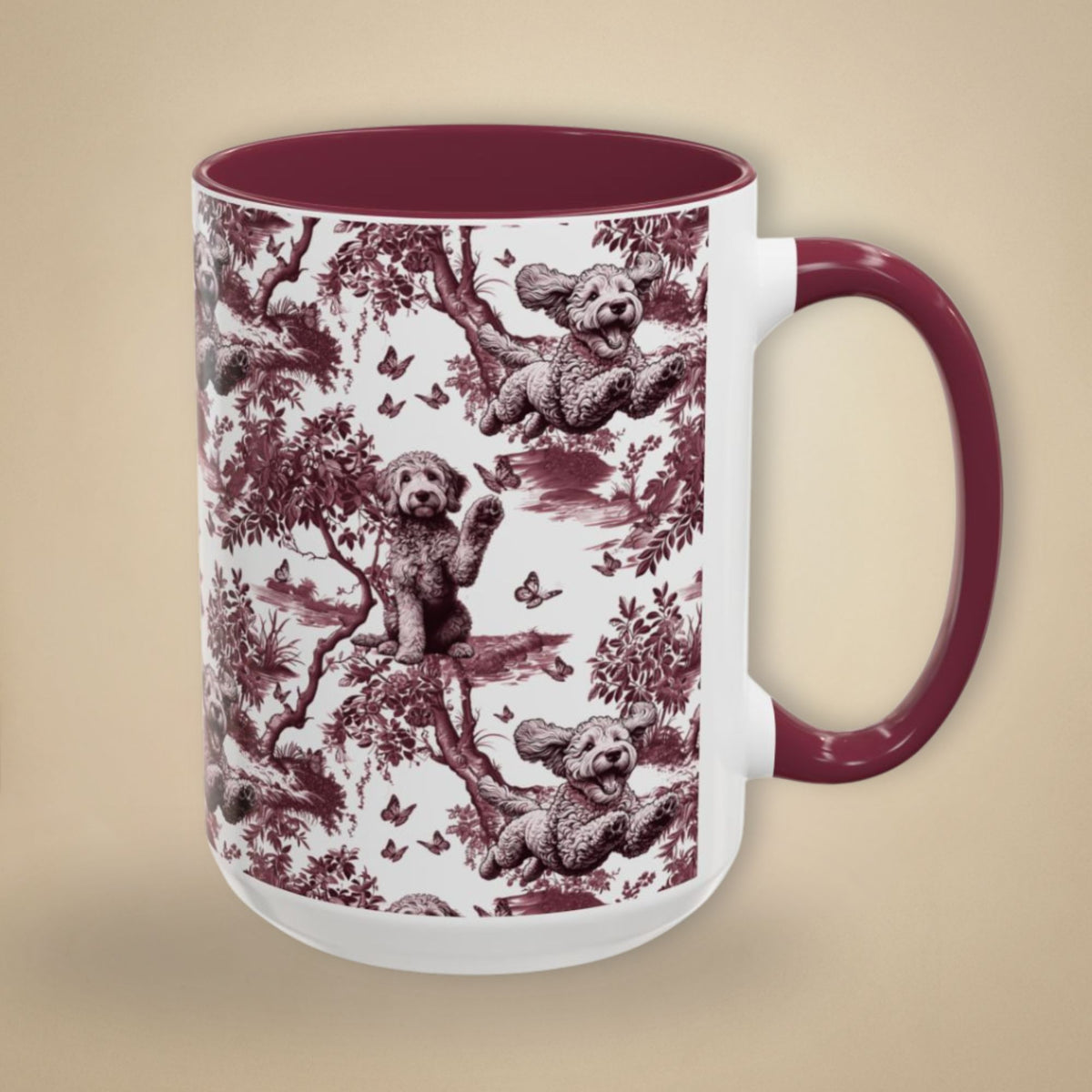 Goldendoodle petite cranberry toile 15 oz ceramic mug, right view
