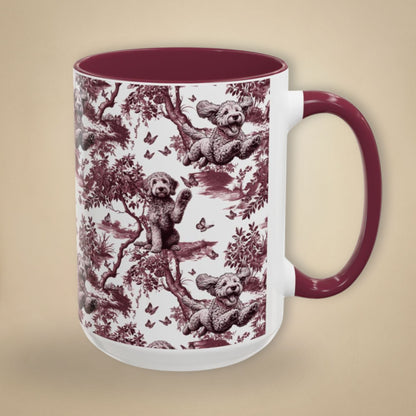 Goldendoodle petite cranberry toile 15 oz ceramic mug, right view