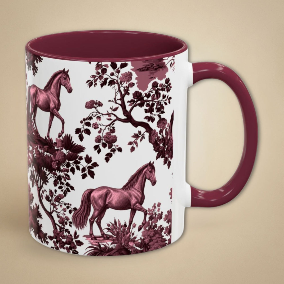 Horse cranberry toile 11 oz ceramic mug, right view