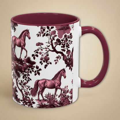 Horse cranberry toile 11 oz ceramic mug, right view