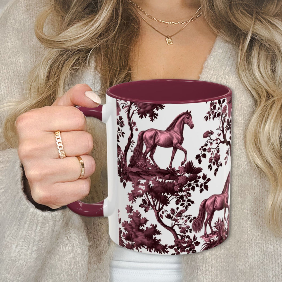 Horse cranberry toile 11 oz ceramic mug, left view