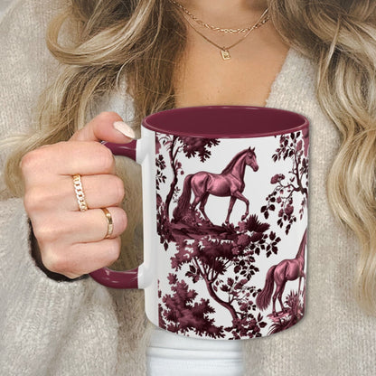 Horse cranberry toile 11 oz ceramic mug, left view