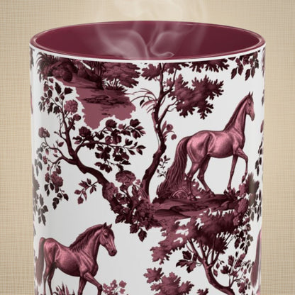 Horse cranberry toile 15 oz ceramic mug, front view
