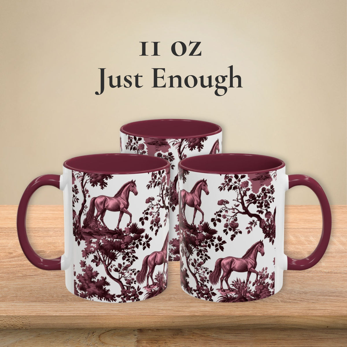 Horse cranberry toile 11 oz ceramic mug, left, front and right views