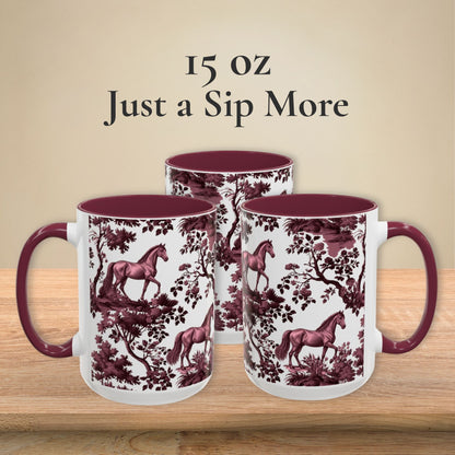Horse cranberry toile 15 oz ceramic mug, left, front and right views