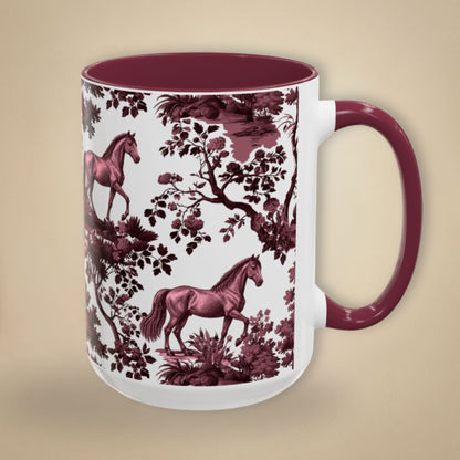 Horse cranberry toile 15 oz ceramic mug, right view