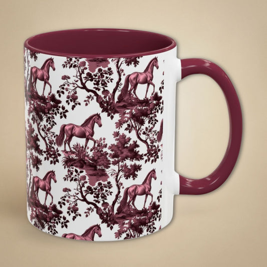 Horse petite cranberry toile 11 oz ceramic mug, right view