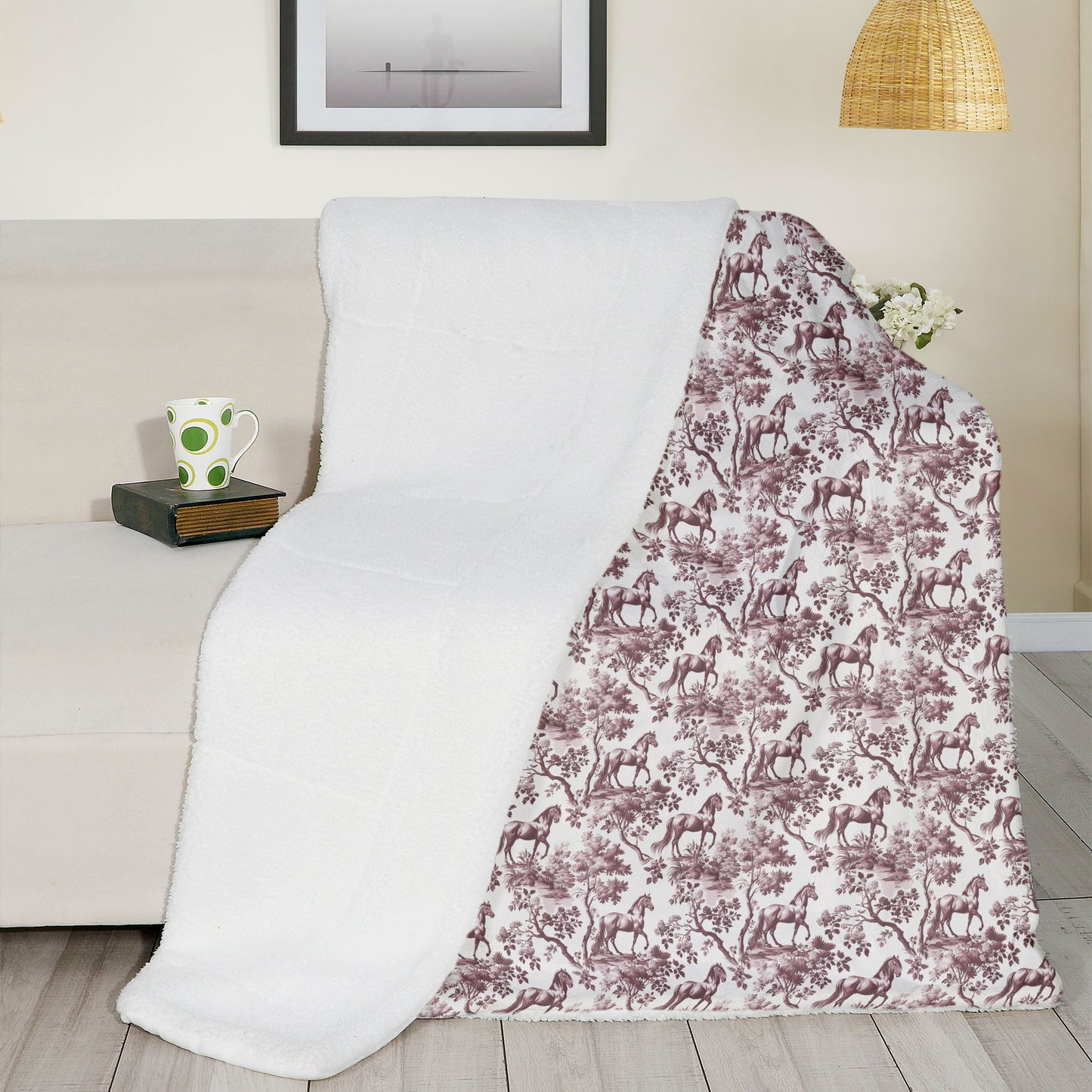 Pink toile Horse luxury sherpa blanket reverse side