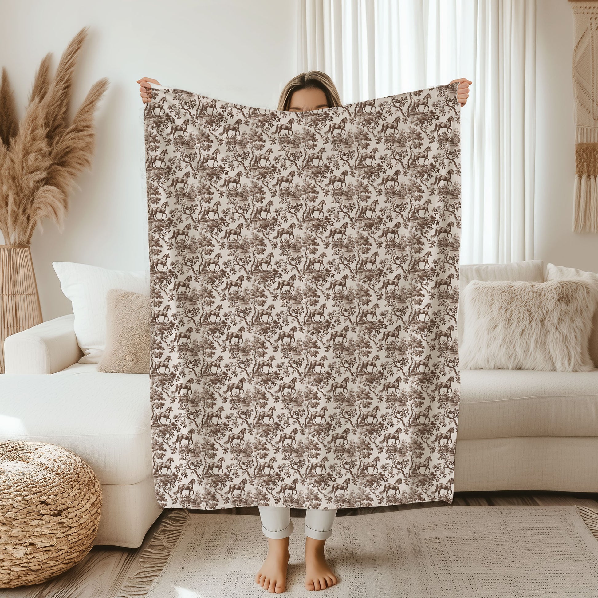 Brown toile Horse throw blanket, 60 by 80 inches held up