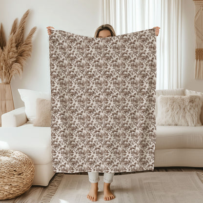 Brown toile Horse throw blanket, 60 by 80 inches held up