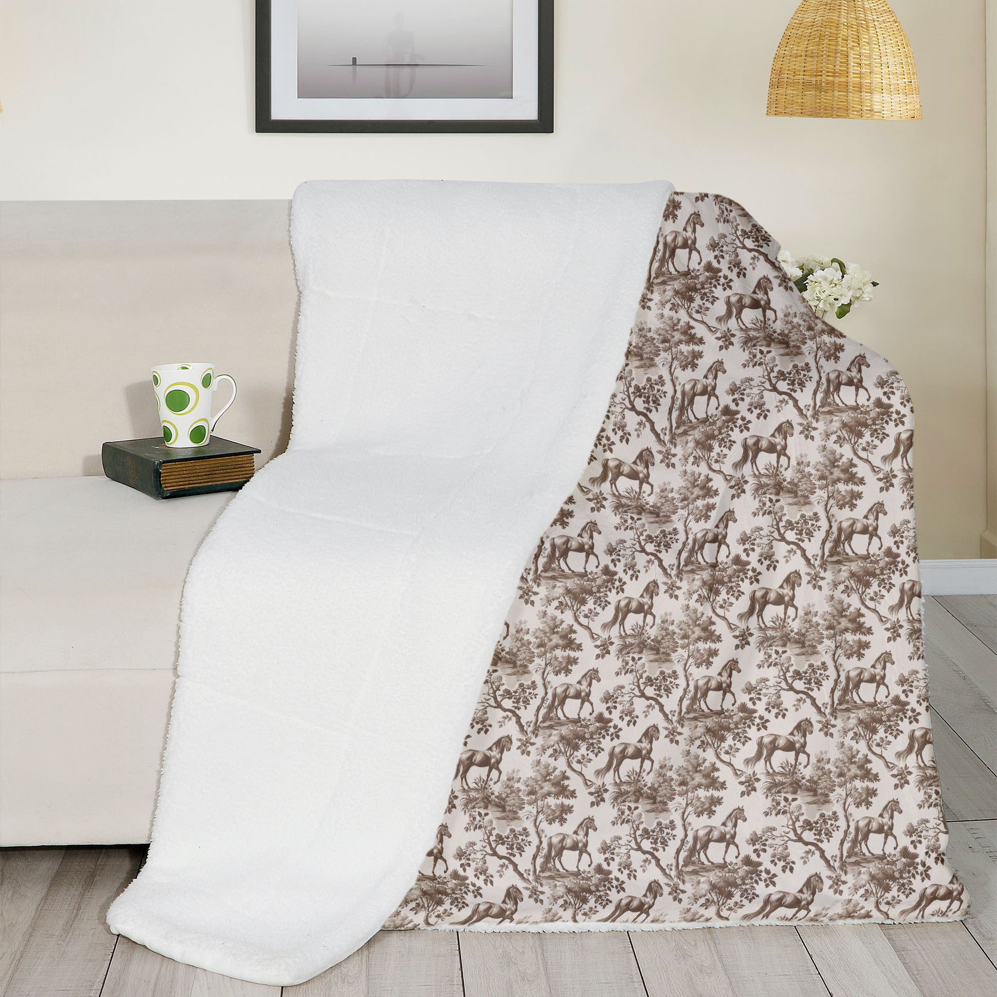 Brown toile Horse luxury sherpa blanket reverse side
