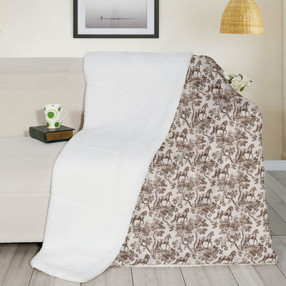 Brown toile Horse luxury sherpa blanket reverse side