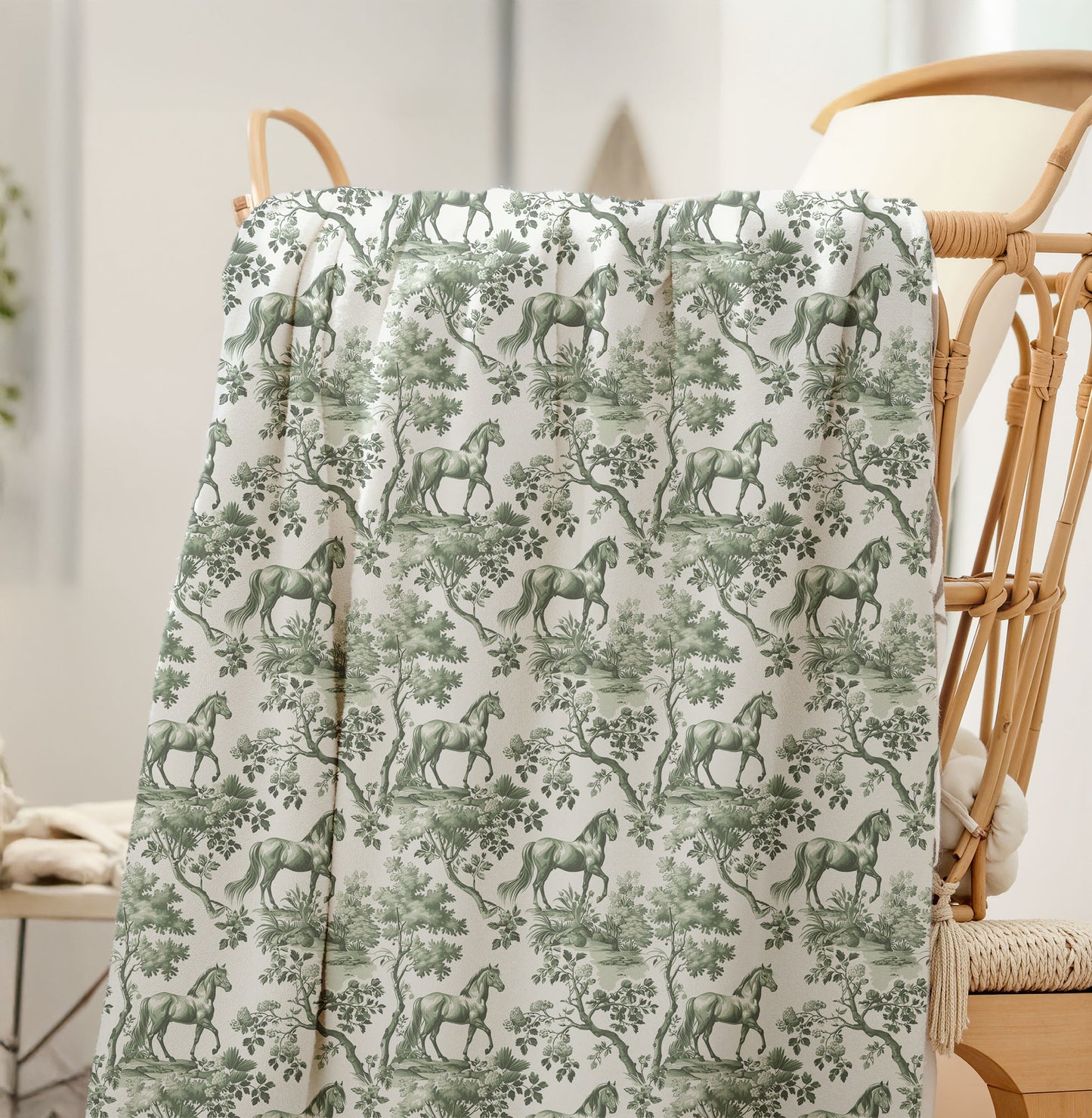 Sage green toile Horse throw blanket, 30 by 40 inches