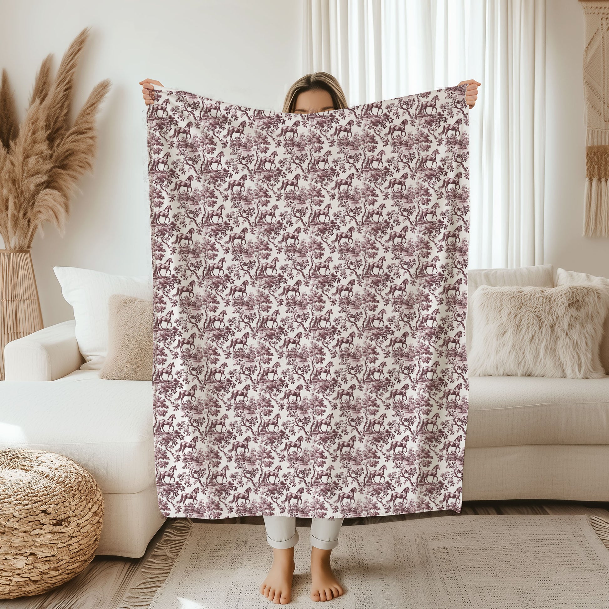 Pink toile Horse throw blanket, 60 by 80 inches held up