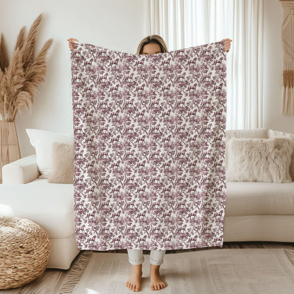 Pink toile Horse throw blanket, 60 by 80 inches held up