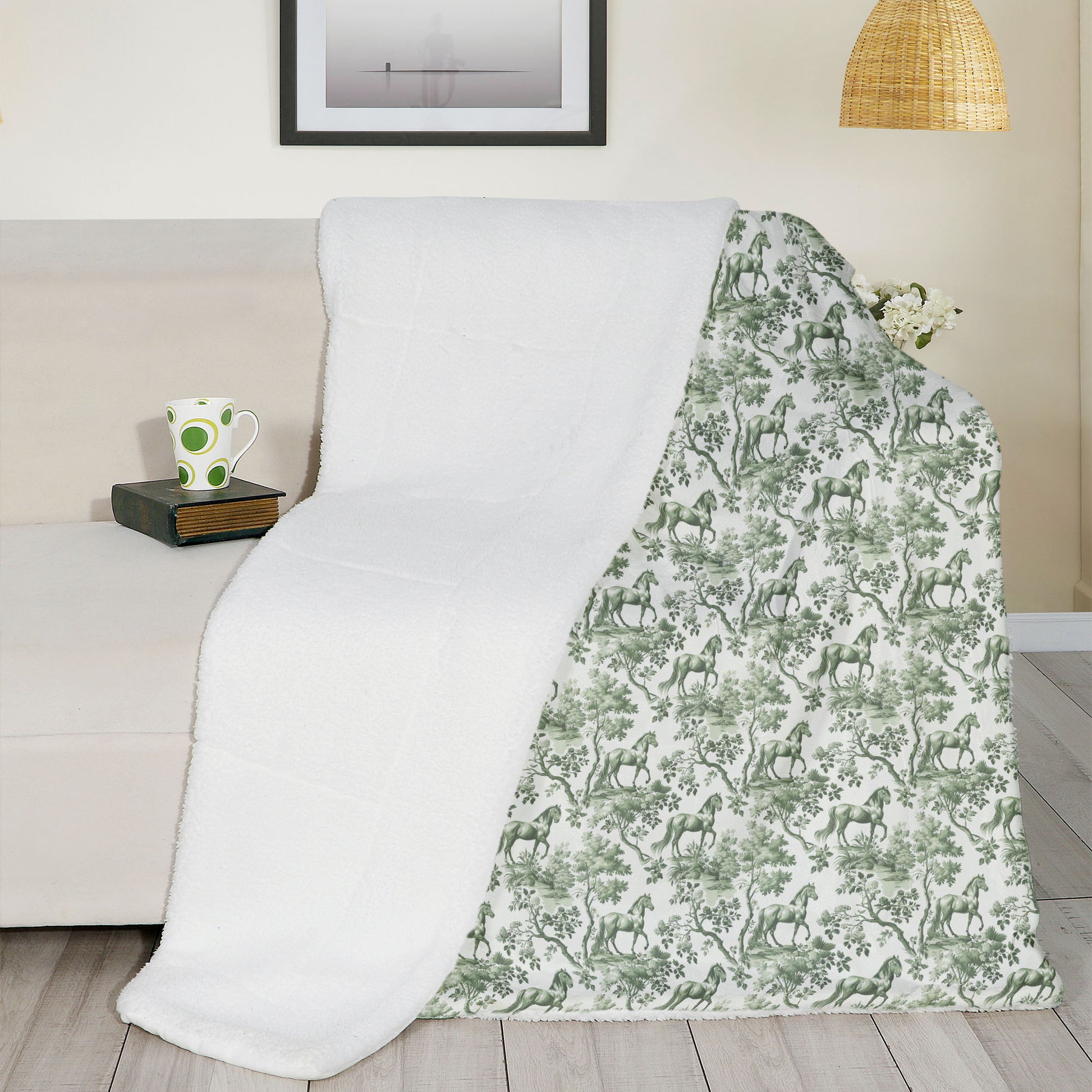 Sage green toile Horse luxury sherpa blanket reverse side