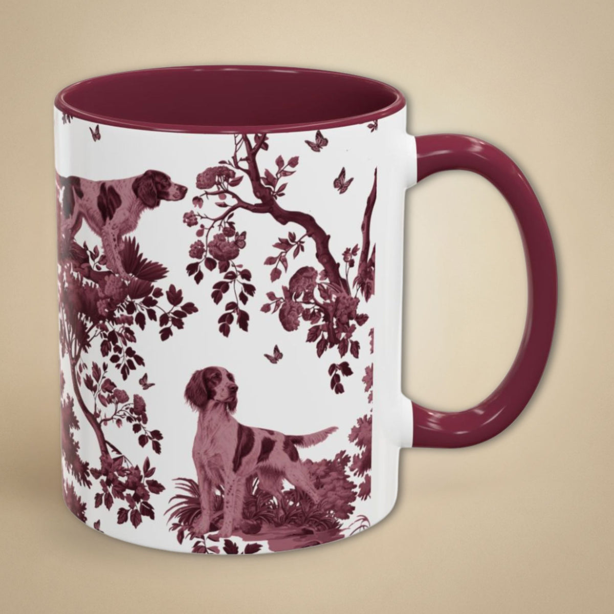 Irish Red and White Setter cranberry toile 11 oz ceramic mug, right view