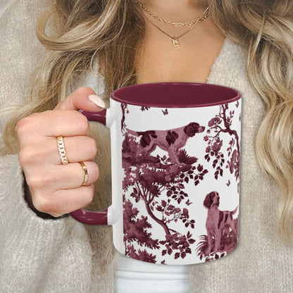 Irish Red and White Setter cranberry toile 11 oz ceramic mug, left view