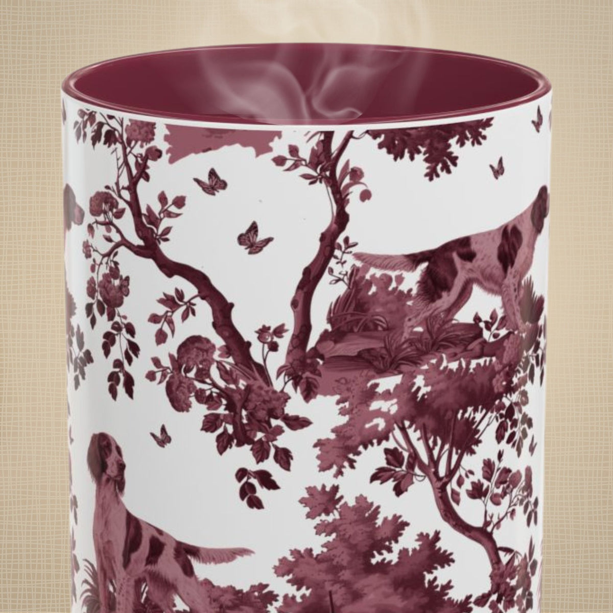 Irish Red and White Setter cranberry toile 15 oz ceramic mug, front view