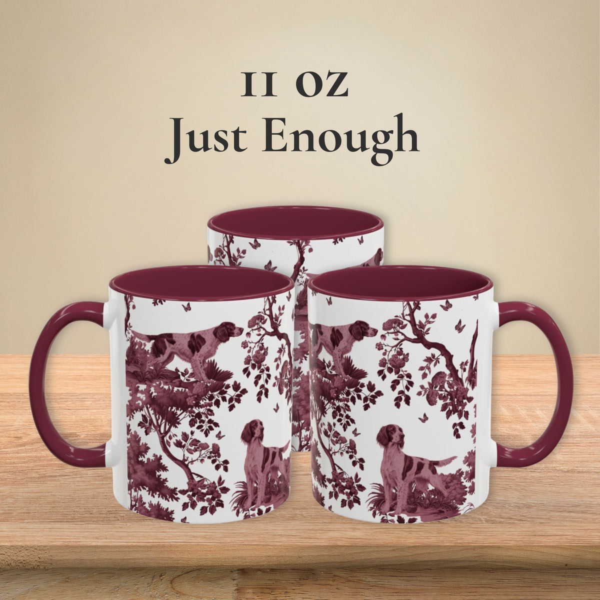 Irish Red and White Setter cranberry toile 11 oz ceramic mug, left, front and right views