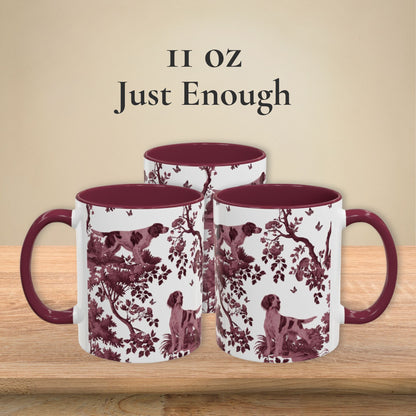 Irish Red and White Setter cranberry toile 11 oz ceramic mug, left, front and right views