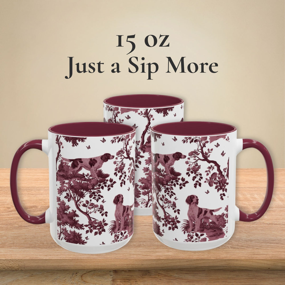 Irish Red and White Setter cranberry toile 15 oz ceramic mug, left, front and right views