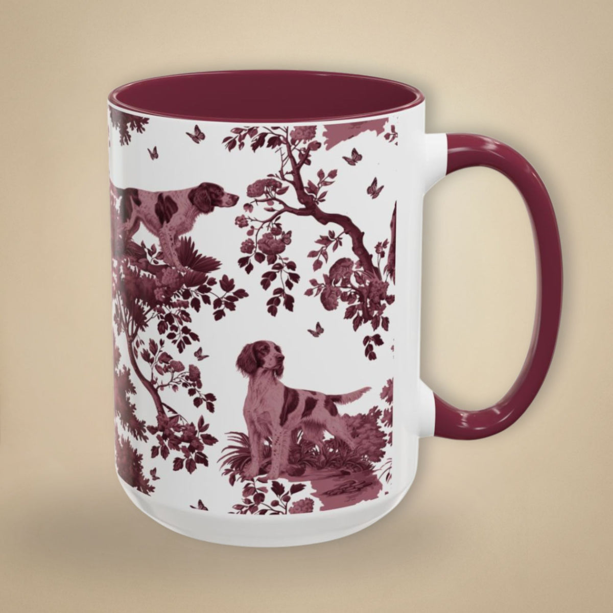 Irish Red and White Setter cranberry toile 15 oz ceramic mug, right view