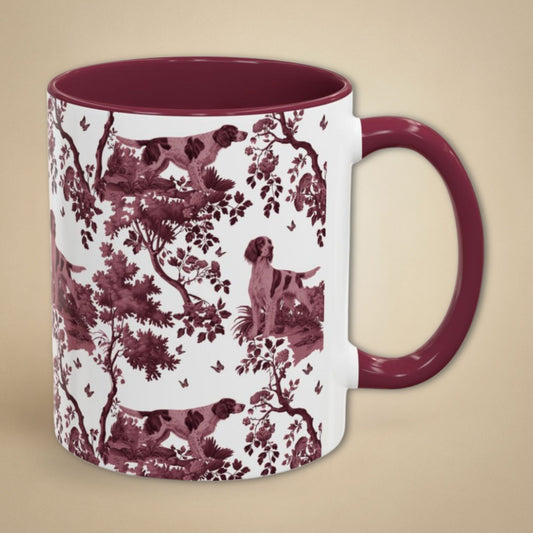 Irish Red and White Setter petite cranberry toile 11 oz ceramic mug, right view