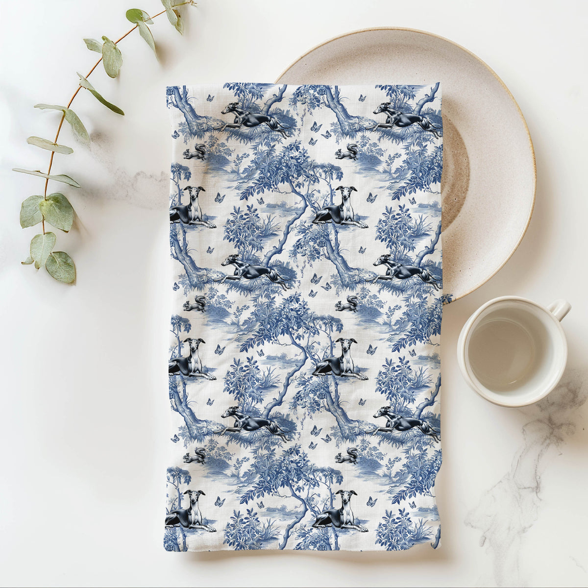 Italian Greyhound Garden Toile tea towel