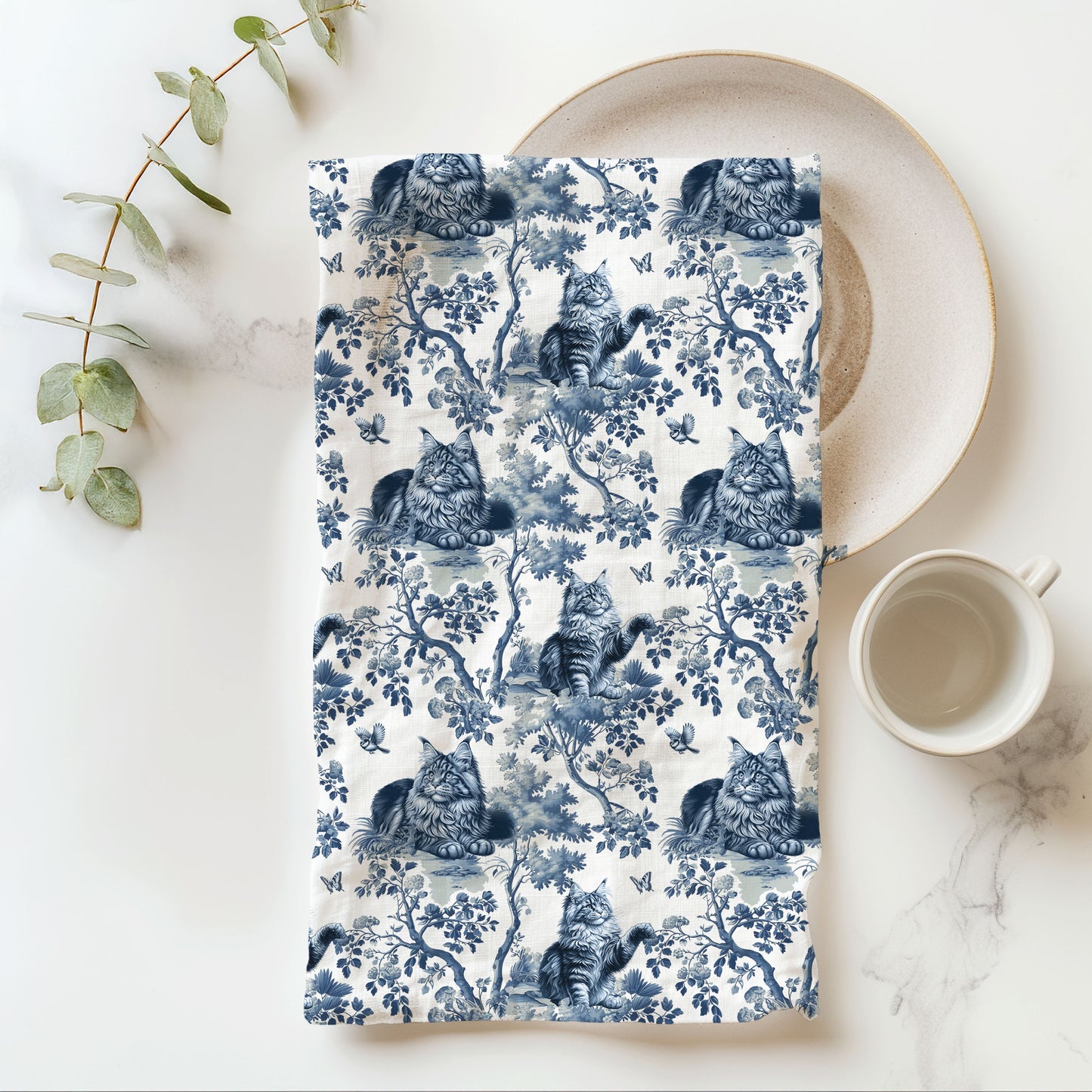 Maine Coon Cat Cotton Tea Towels - Toile Pattern