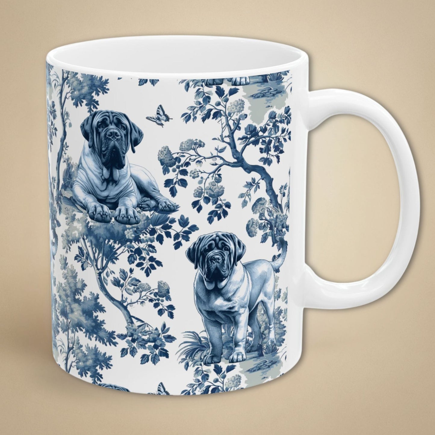 Blue toile English Mastiff coffee mug with white handle