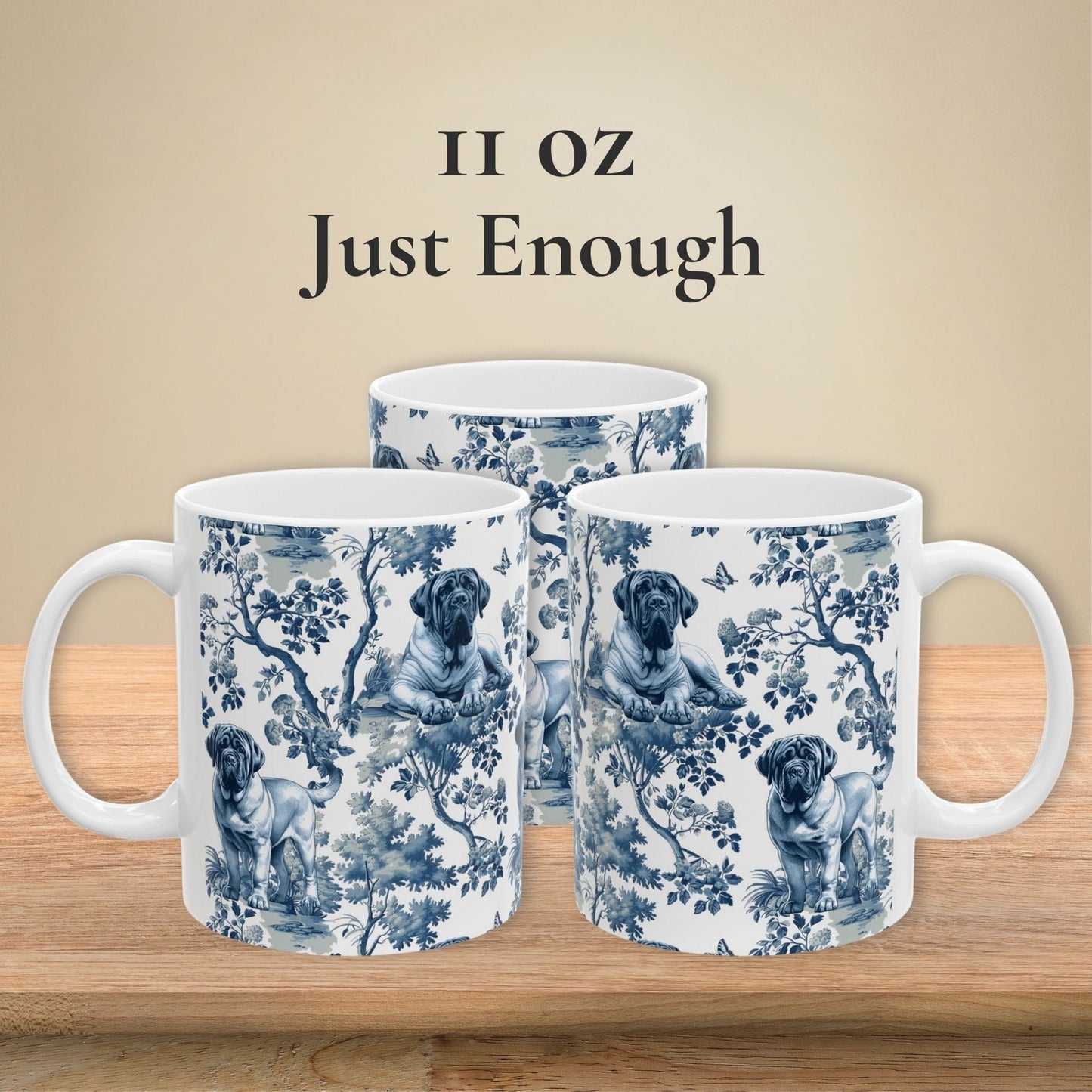 11 oz blue toile English Mastiff coffee mug shown from three sides