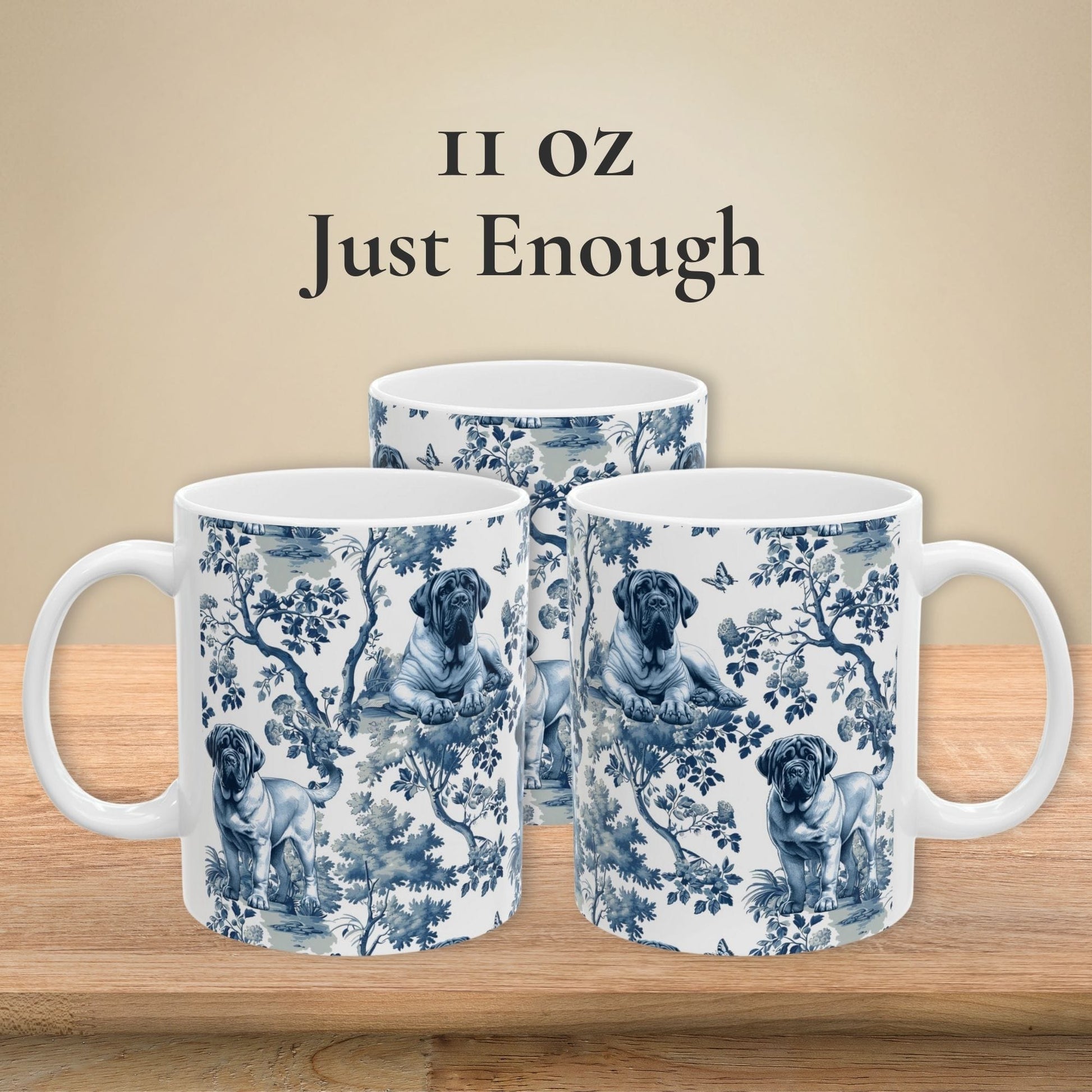 11 oz blue toile English Mastiff coffee mug shown from three sides