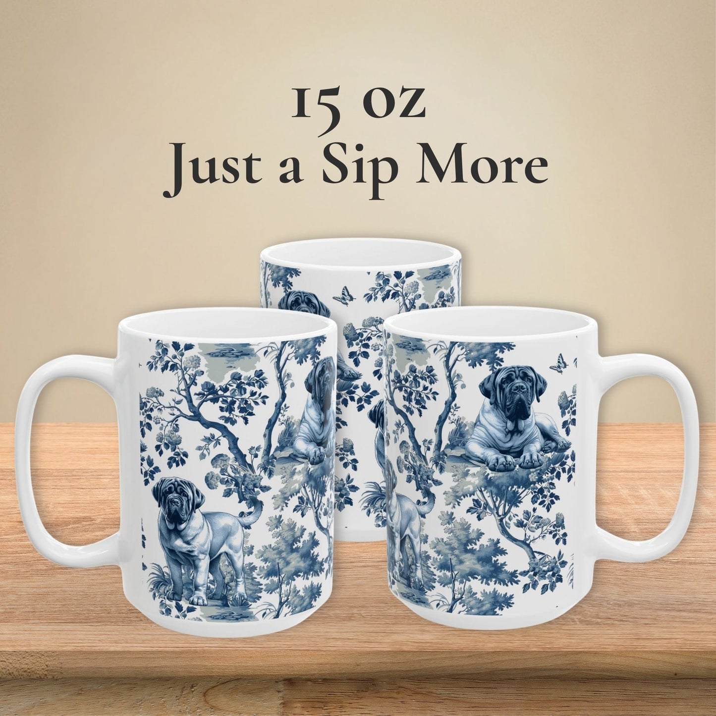 15 oz blue toile English Mastiff coffee cup shown from three sides
