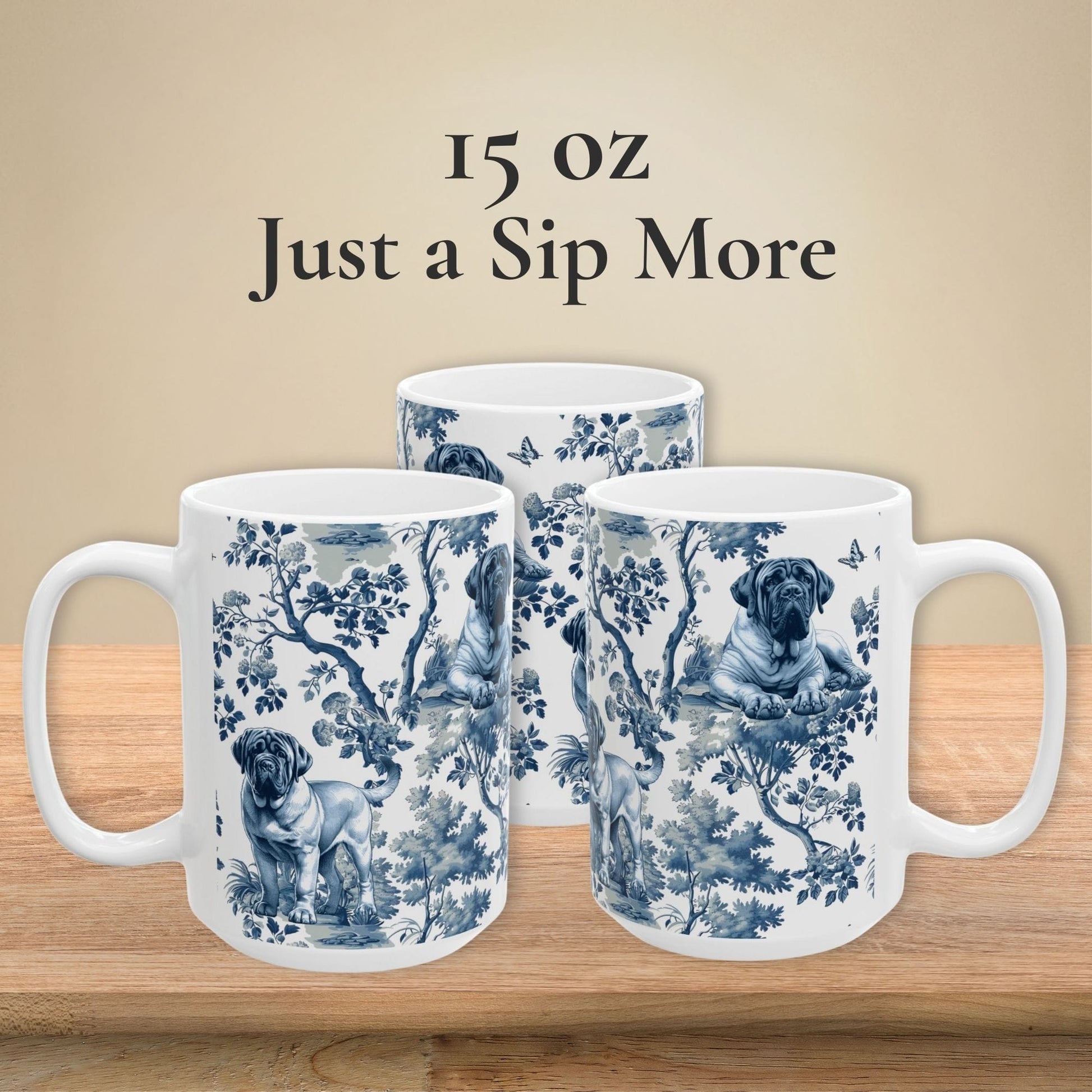15 oz blue toile English Mastiff coffee cup shown from three sides