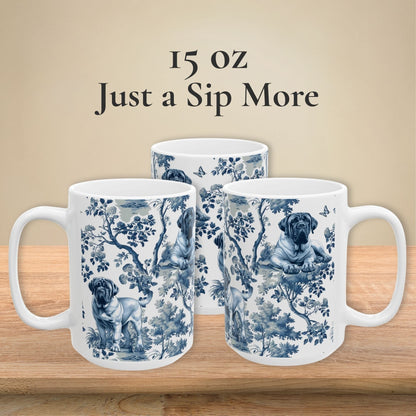 15 oz blue toile English Mastiff coffee cup shown from three sides