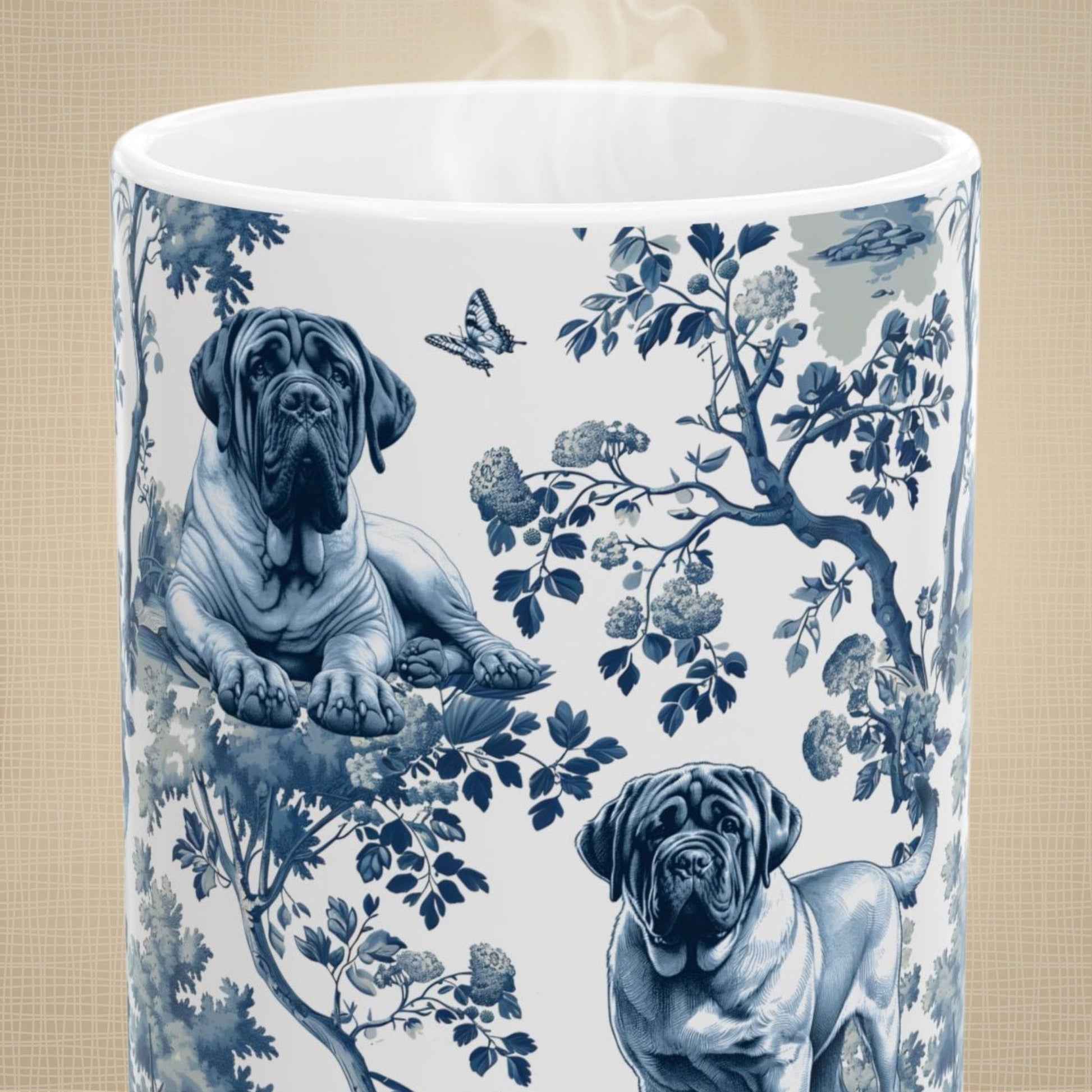 Close-up of the blue toile pattern on an English Mastiff coffee mug