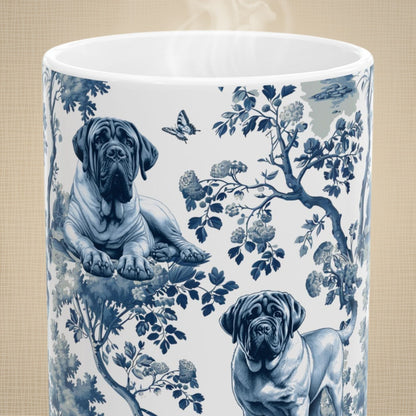 Close-up of the blue toile pattern on an English Mastiff coffee mug