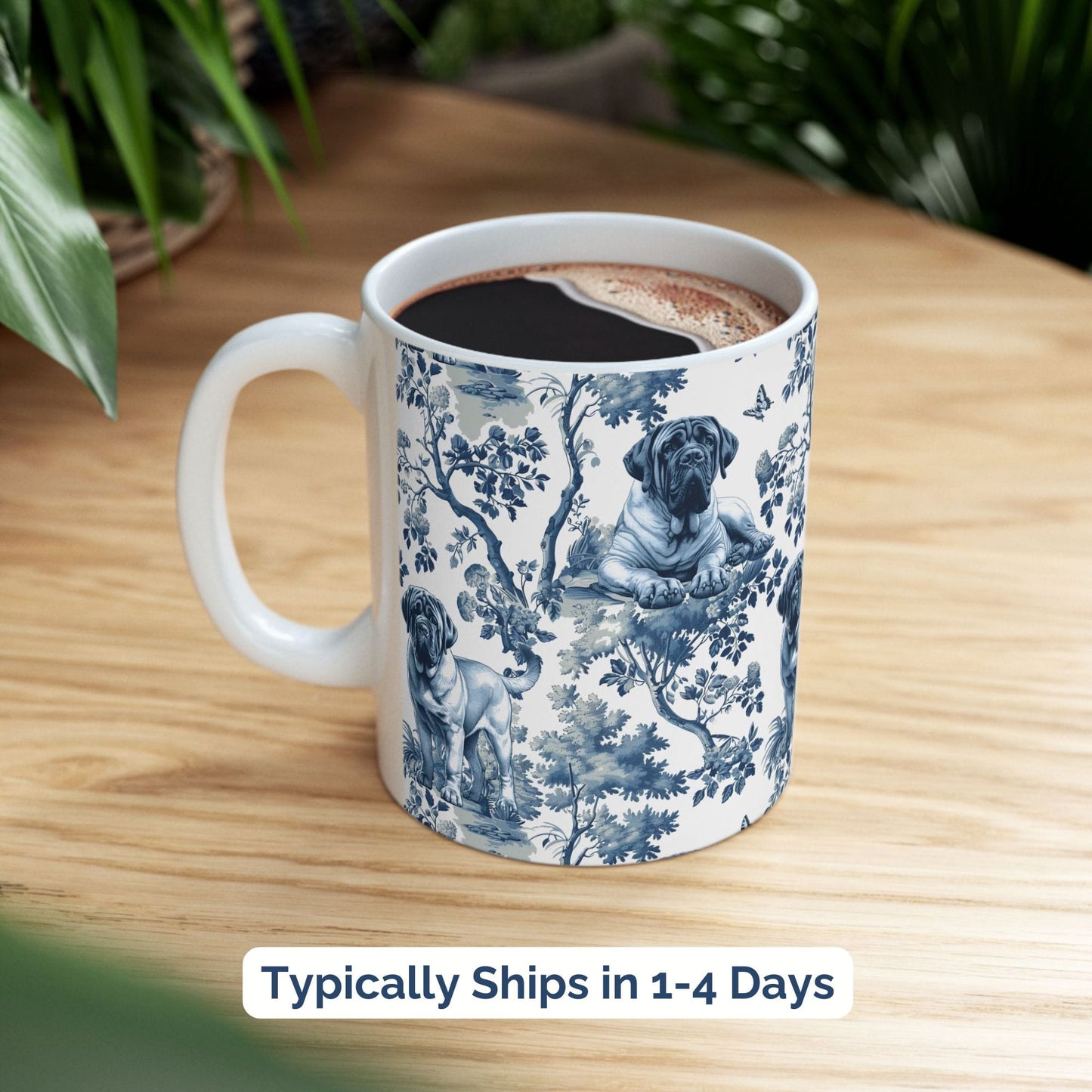 Blue toile English Mastiff coffee cup styled on a wooden board in a festive setting