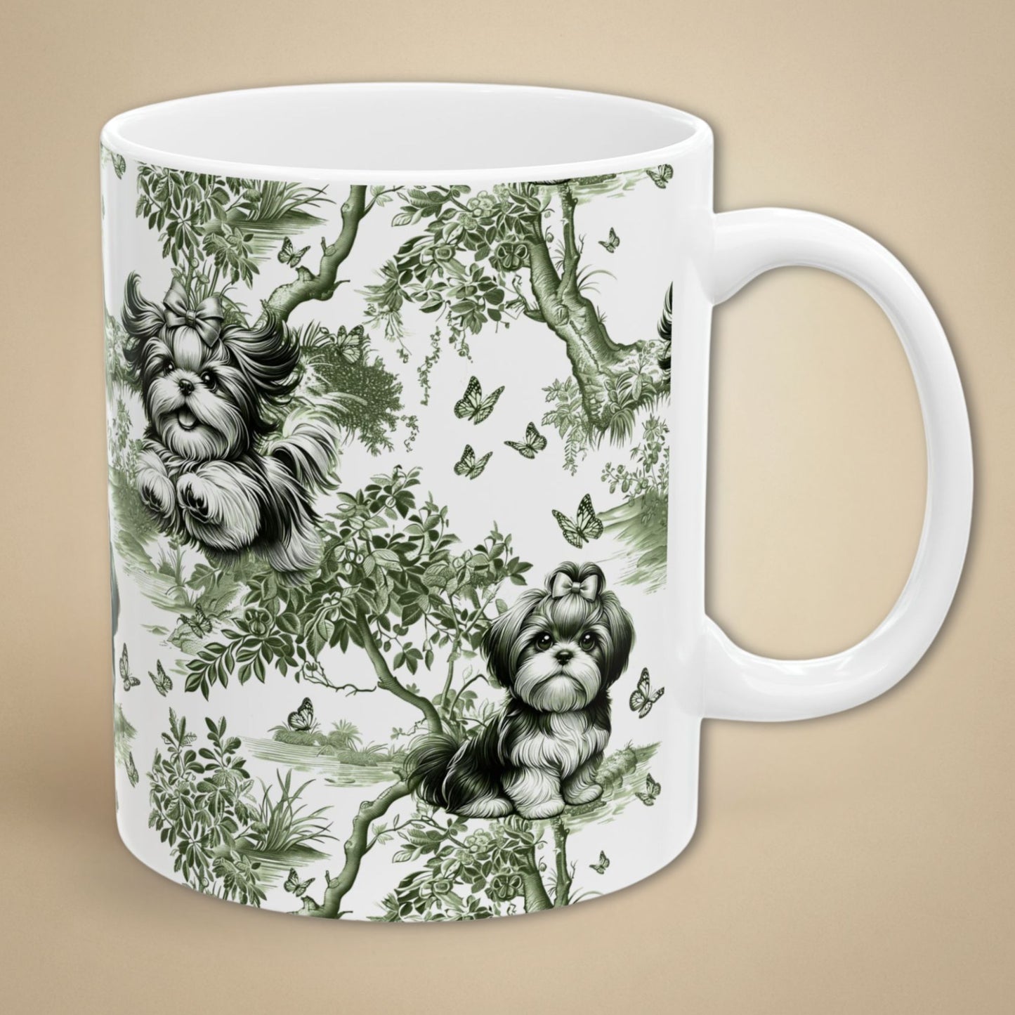 Shih Tzu Mug - Sage Green Toile Pattern
