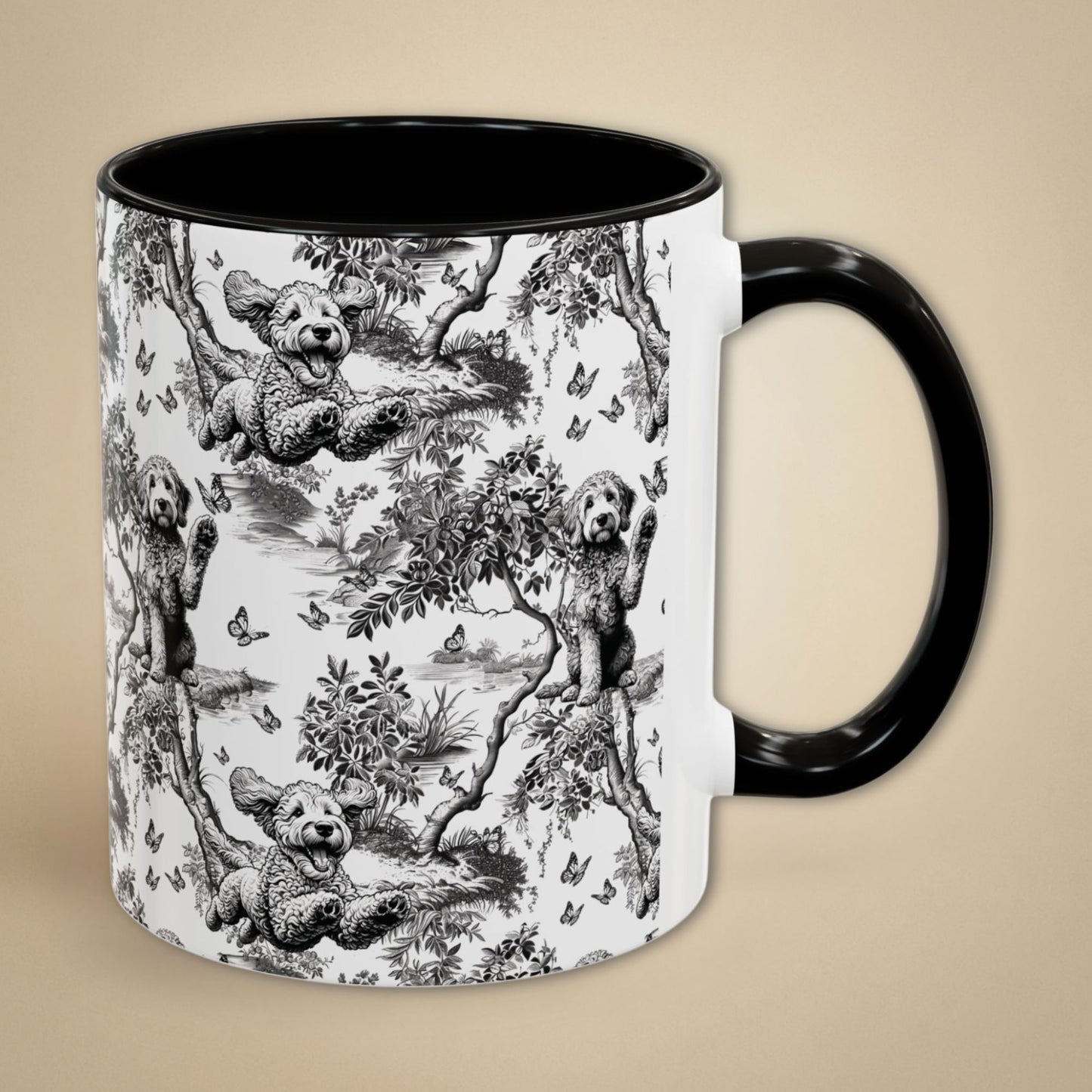 Black toile Goldendoodle coffee mug with blue handle