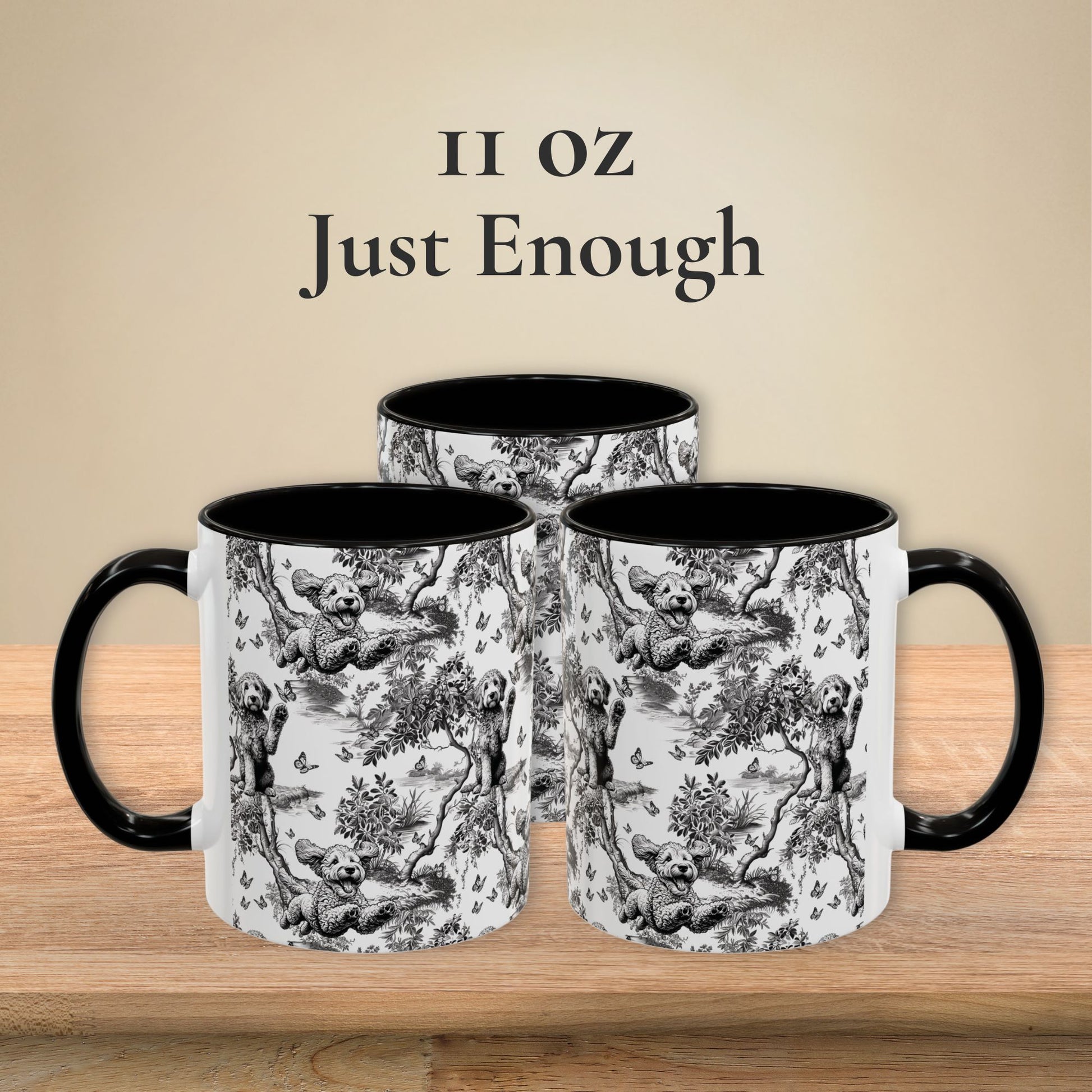 11 oz black toile Goldendoodle coffee mug shown from three sides