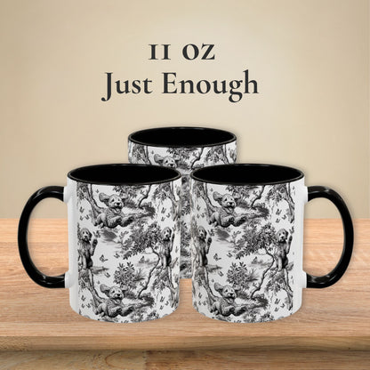 11 oz black toile Goldendoodle coffee mug shown from three sides