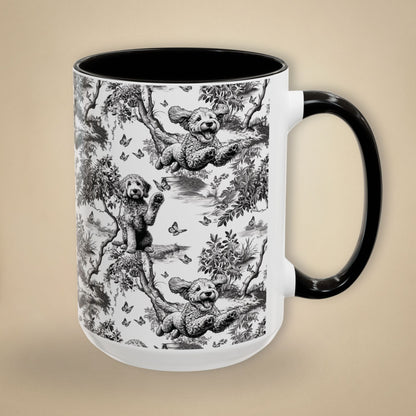 15 oz black toile Goldendoodle coffee cup shown from three sides