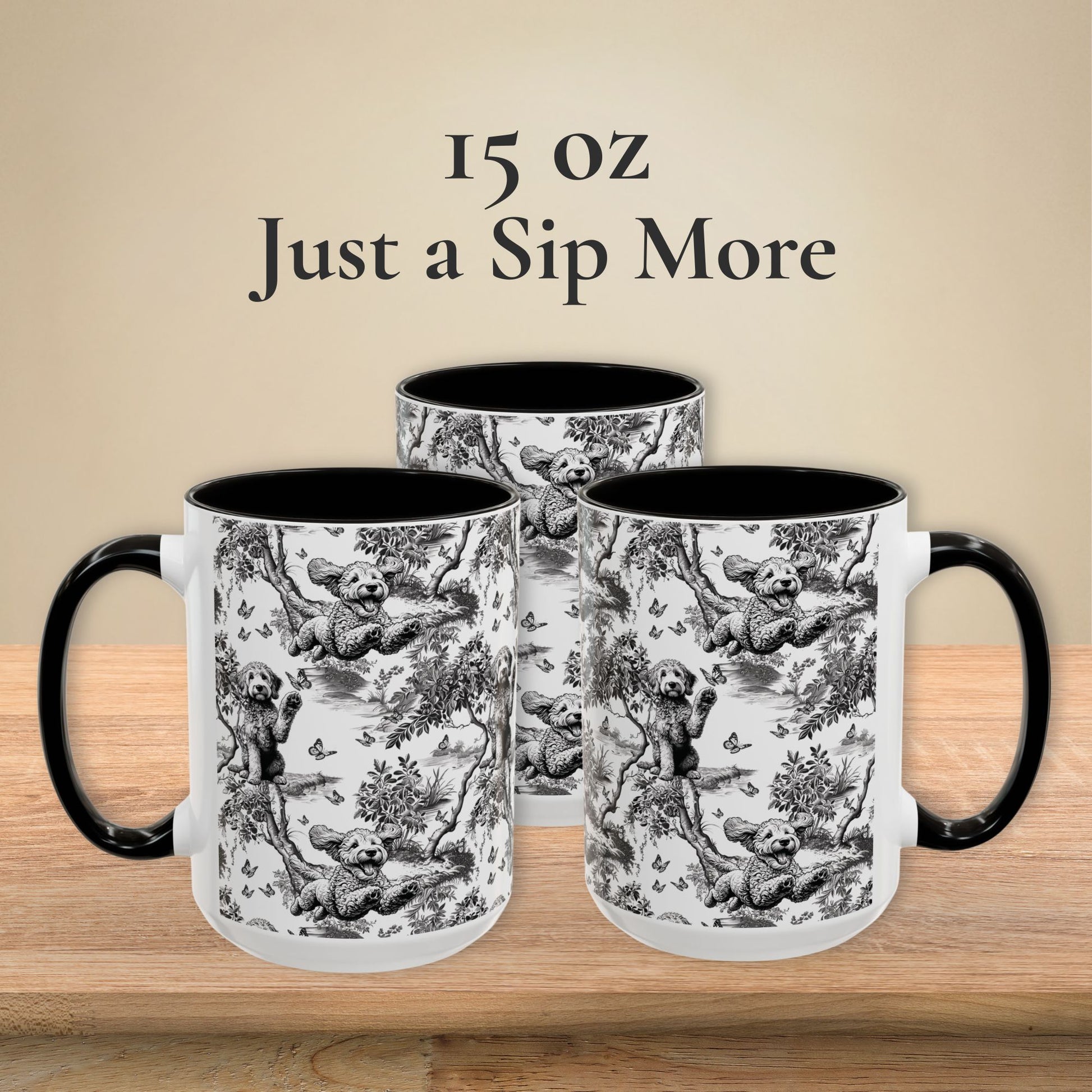 15 oz black toile Goldendoodle coffee mug, side view