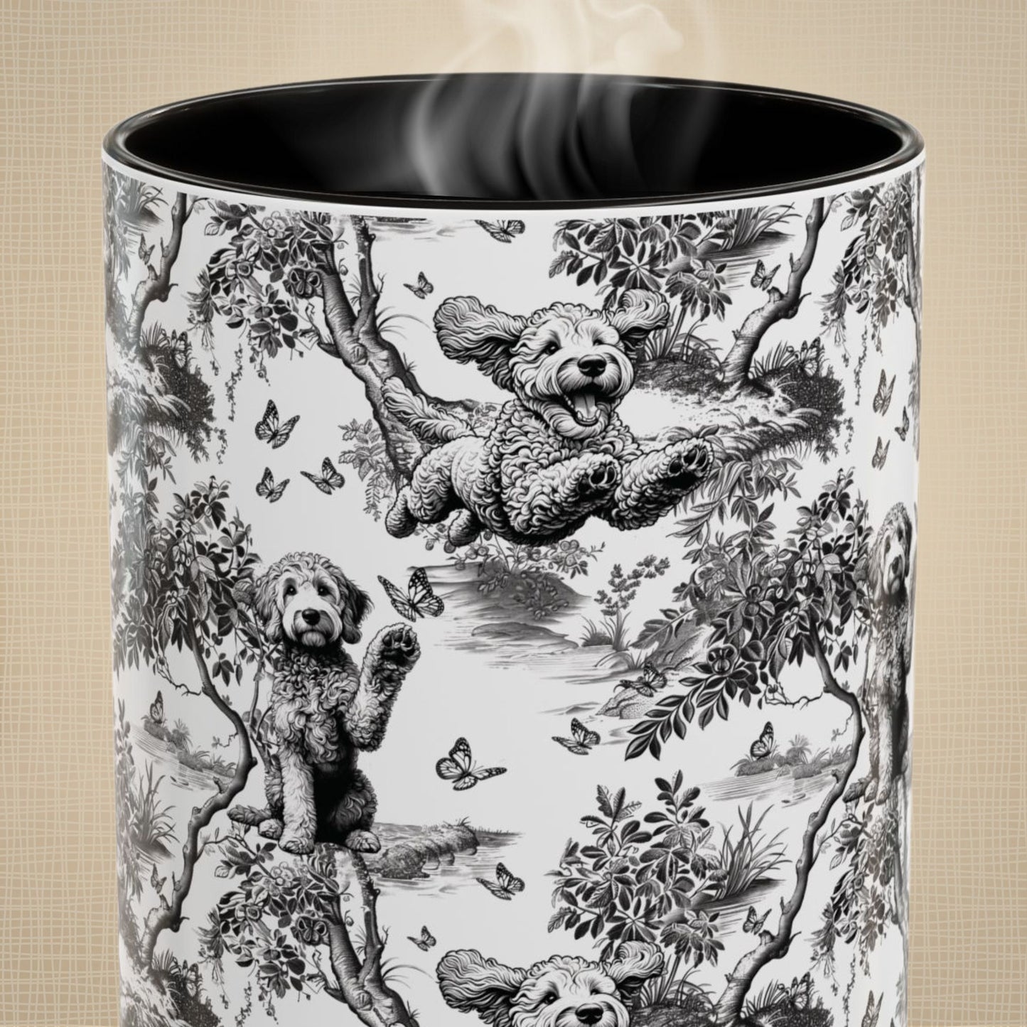 Close-up of the black toile pattern on a Goldendoodle coffee mug