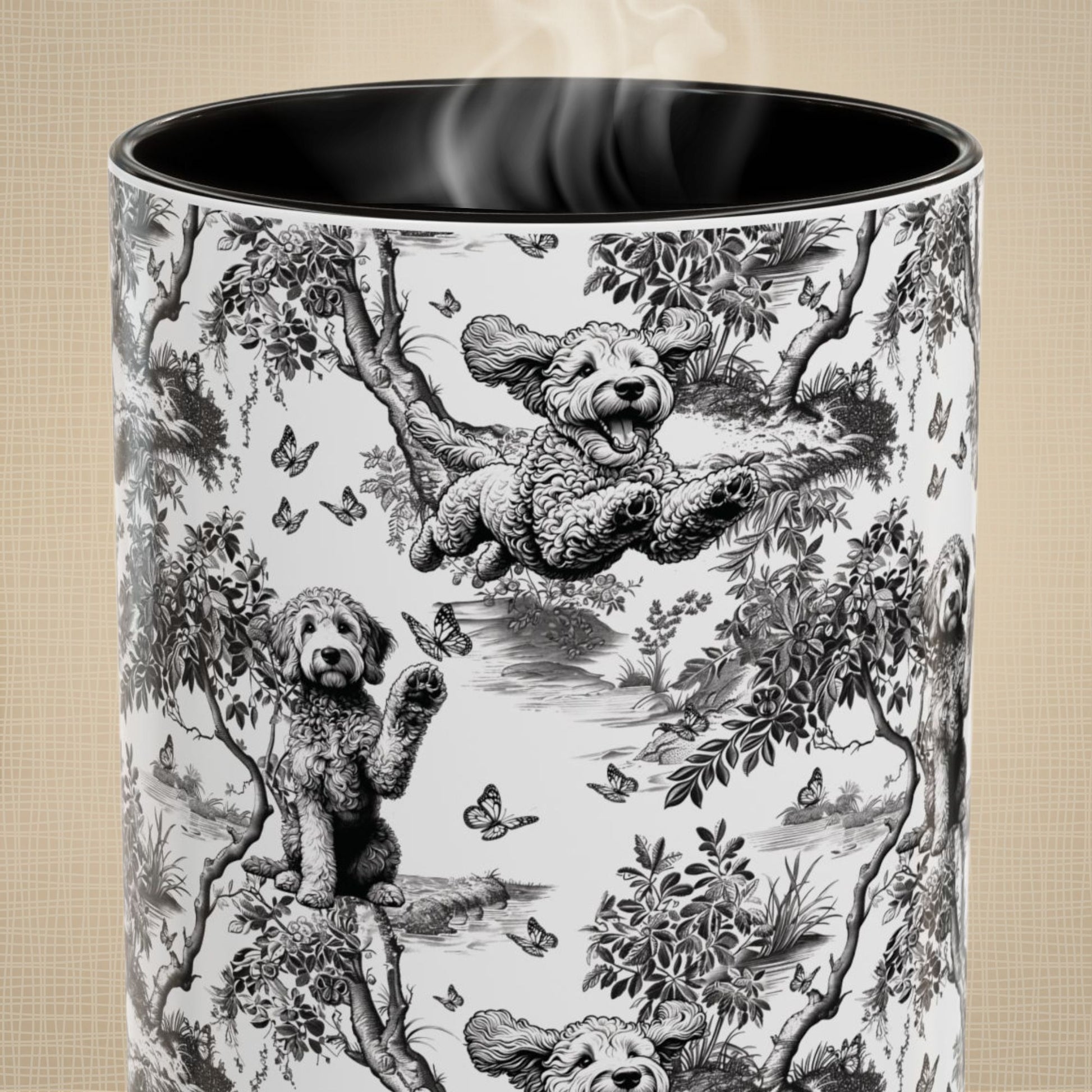 Close-up of the black toile pattern on a Goldendoodle coffee mug