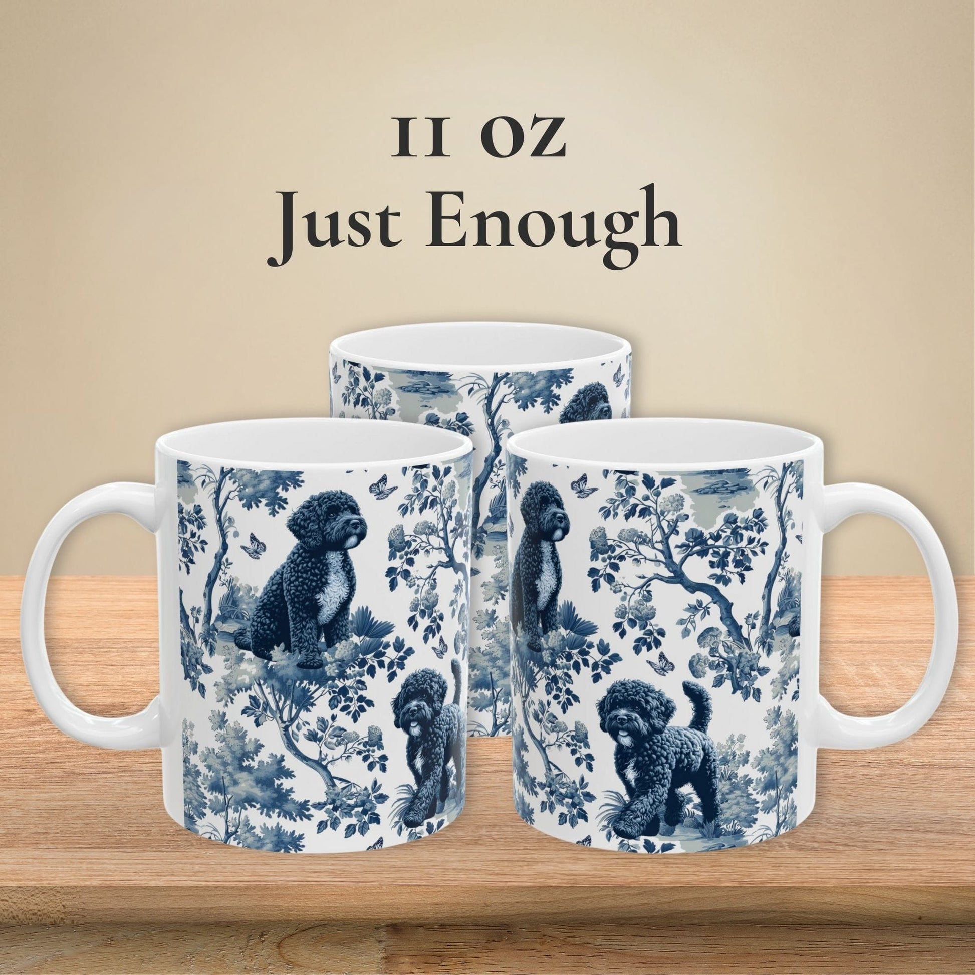 11 oz blue toile Portuguese Water Dog coffee mug shown from three sides